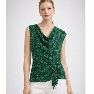 Anthropologie Maeve Green Silk Polka Dot Draped Cowl Neck Blouse Womens 0